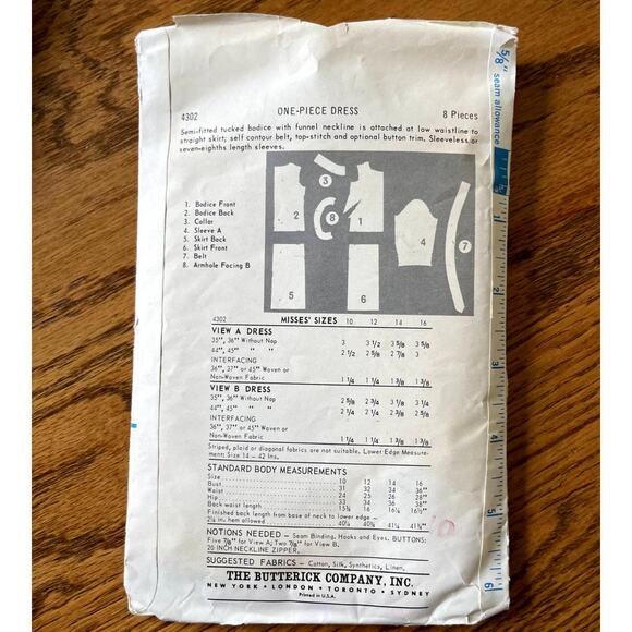 Vintage 1960s Butterick 4302 Sewing Pattern Size XS 12 One Piece Dress COMPLETE - Picture 2 of 2